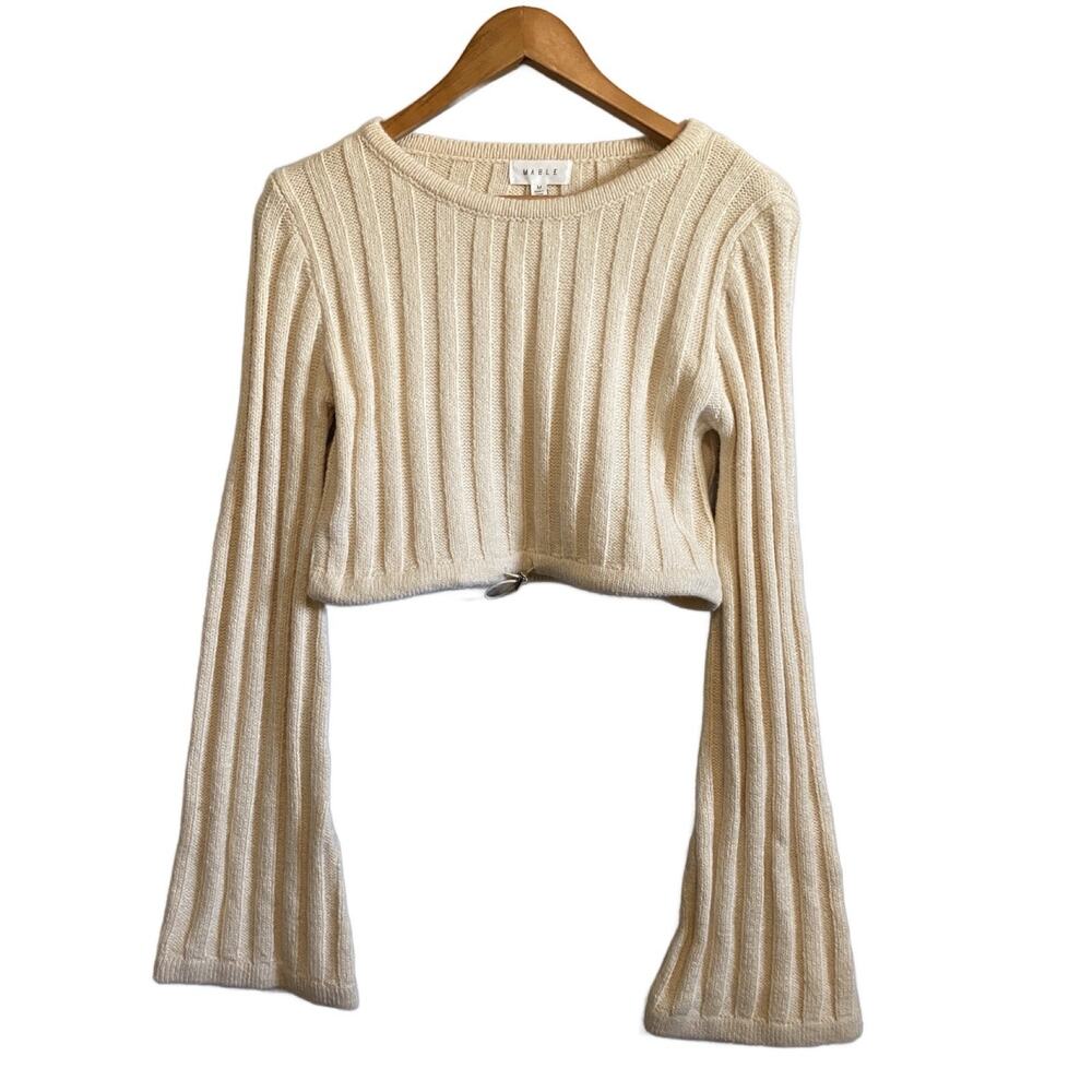 MABLE Valerie Crop Sweater Cream Medium NWT Ribbed Knit Bell Sleeve Coastal Top